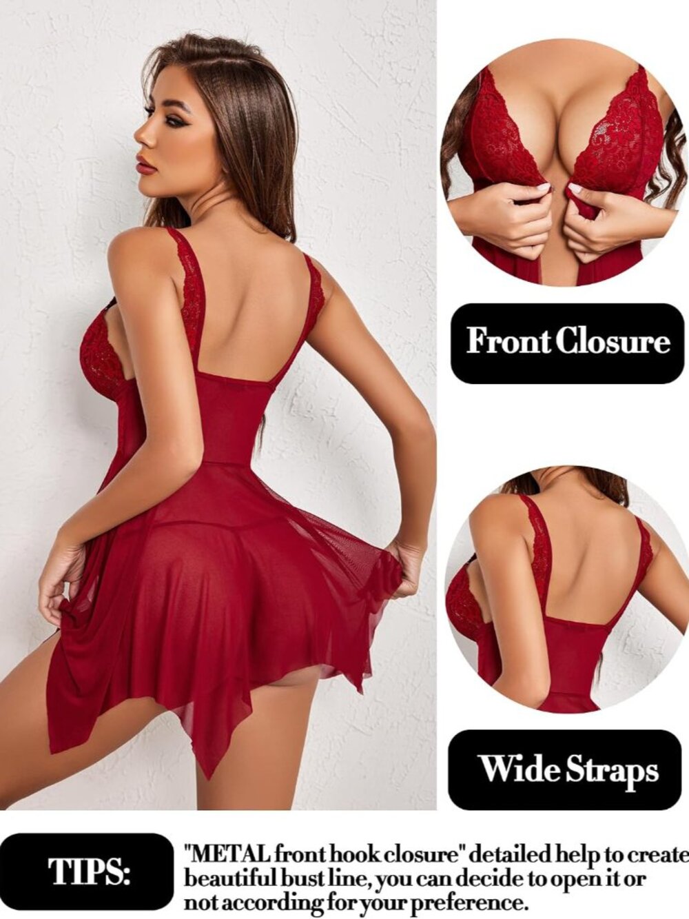 Lingerie for Women Front Closure Lace Babydoll Chemise XS-5XL | Mesh babydoll li - Picture 2 of 7